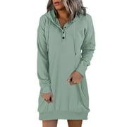 Womens Casual Hoodies Dress Fall Long Sleeve Sweatshirt Button Down Drawstring Pullover Top Lightweight Dress Womens Dresses Casual Summer Midi Length